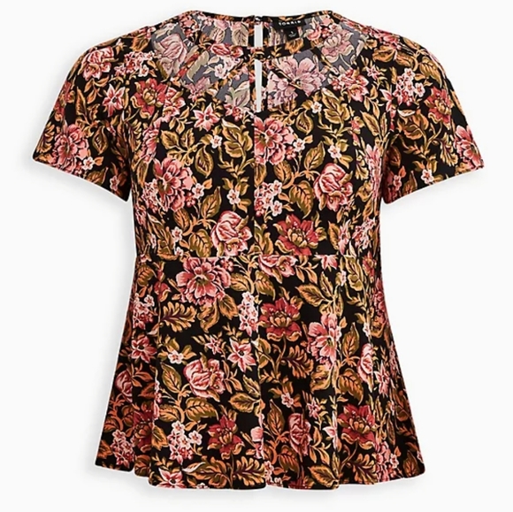 TORRID Strappy Peplum Top Stretch Crepe Black Floral - Picture 6 of 7